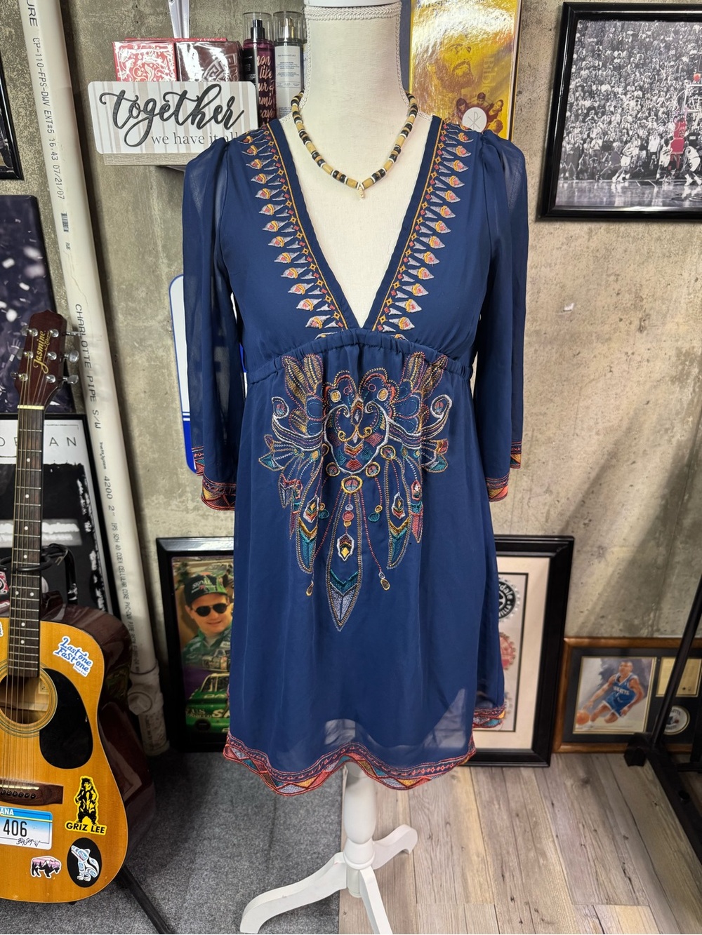 Flying Tomato Navy Blue Embroidered Midi Dress